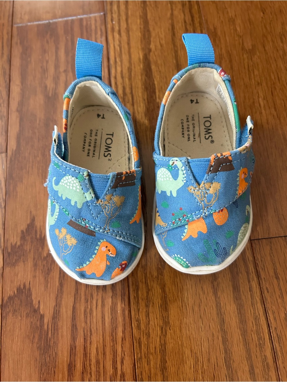 TOMS Kids Blue Canvas Slip-On Sneakers with Dinosaur Print Size T4